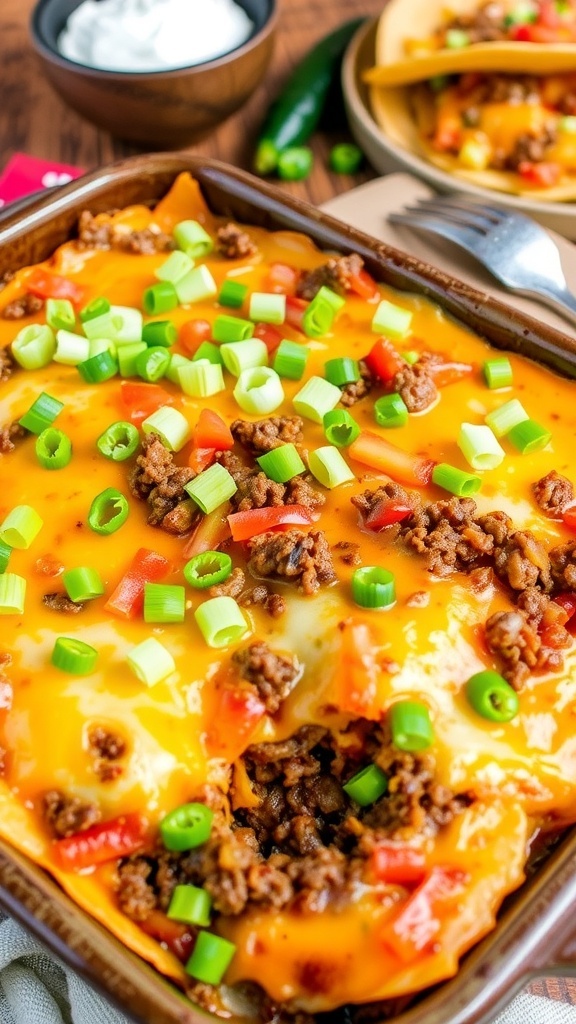 A hearty hamburger taco casserole with layers of beef, cheese, and tortillas, garnished with green onions.